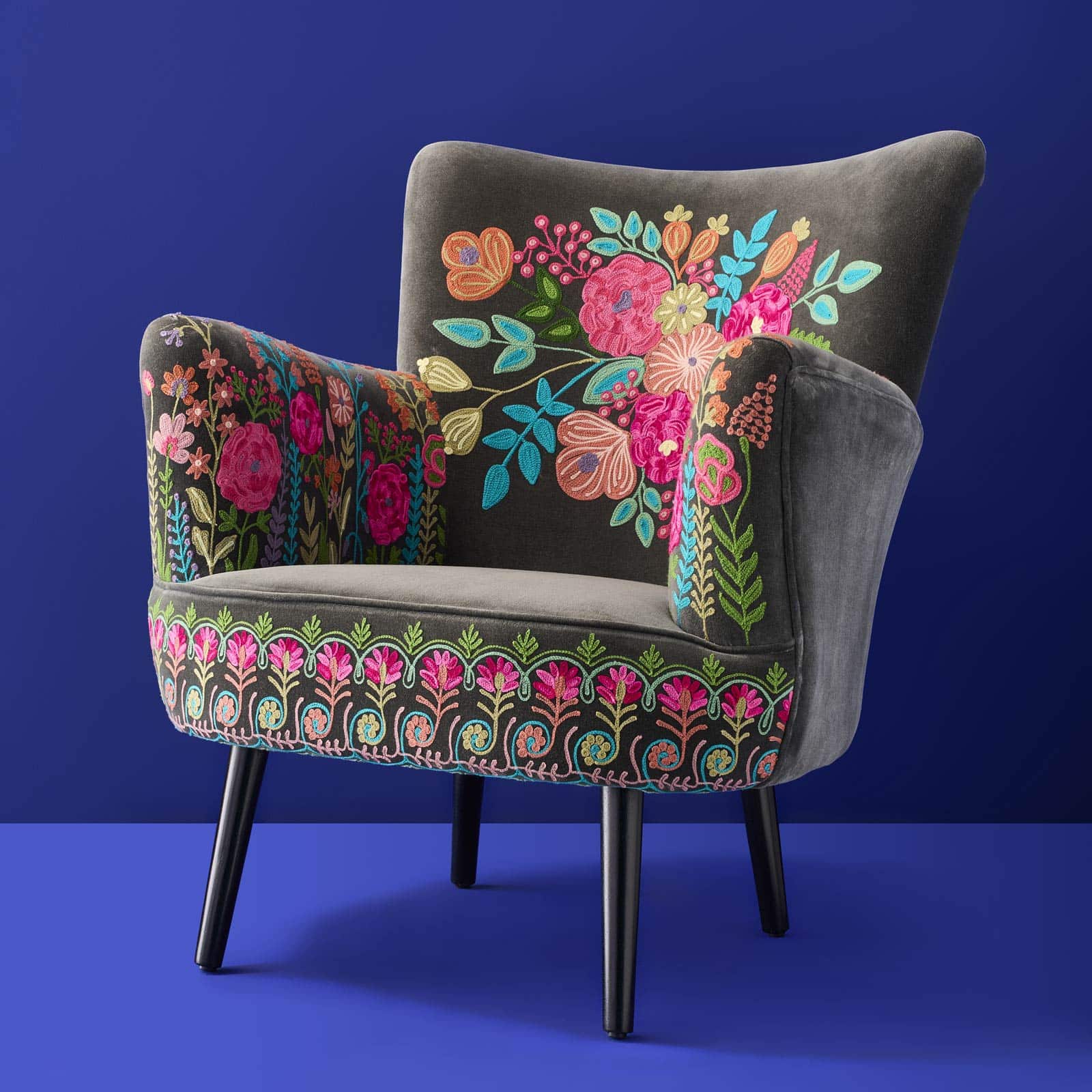 Velvet Armchair with Floral Design Lotte, Gray, Hand-Embroidered