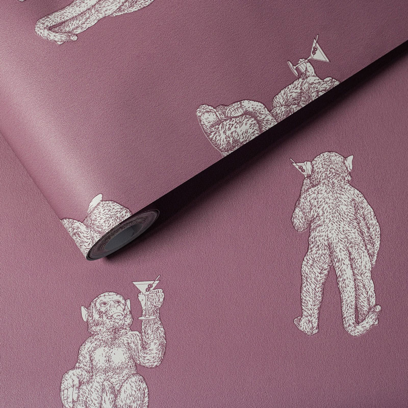 Papel pintado tejido no tejido Mono Cocktail Monkeys, rosa