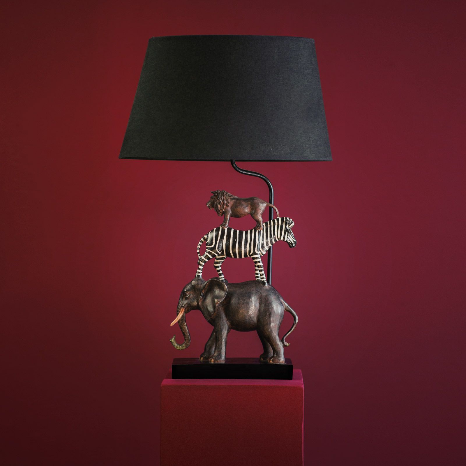 Tischleuchte Safari, Elefant, Zebra, 70 cm, schwarz Polyresin Löwe, E27