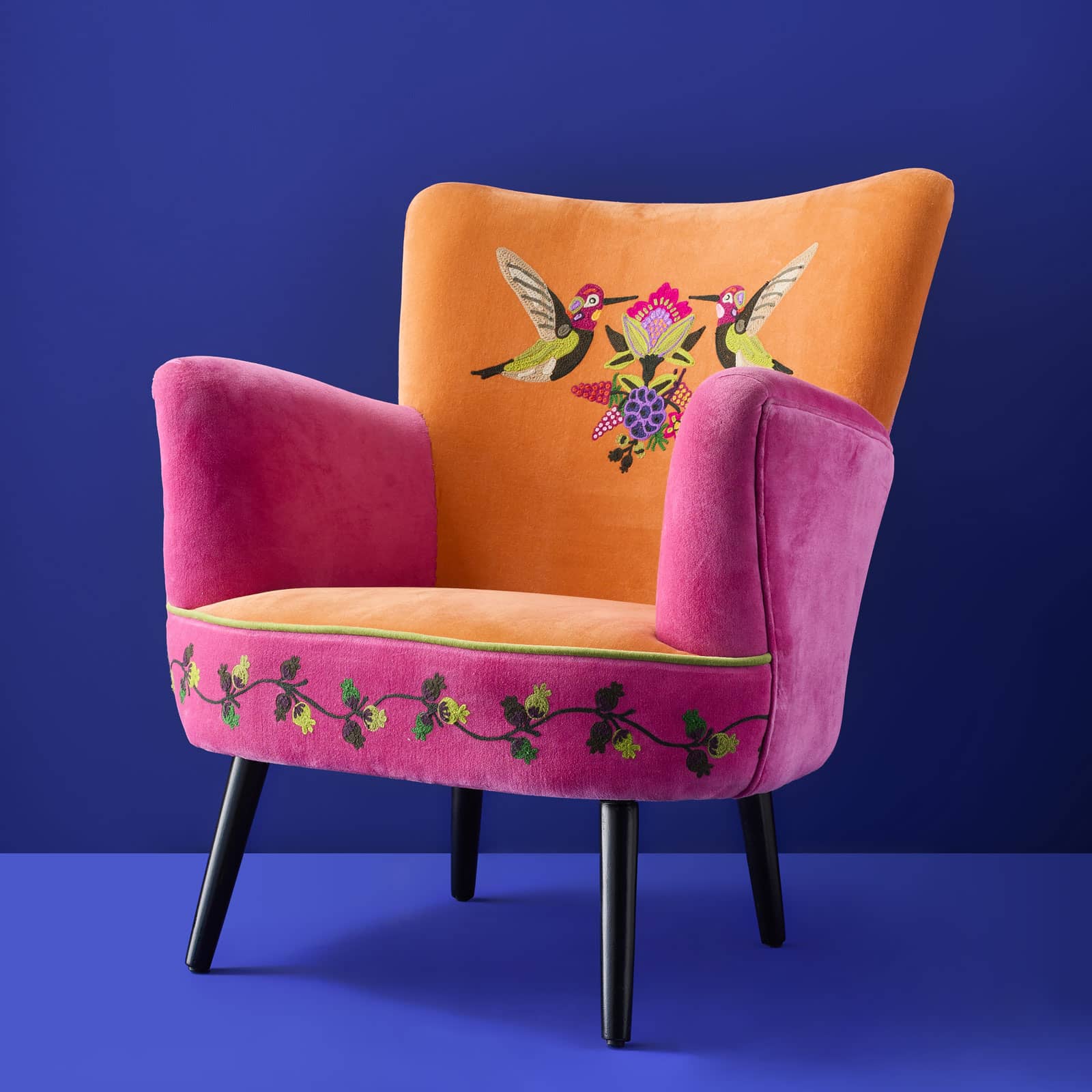 Velvet Armchair with Bird Design Kolibri, Orange-Pink, Hand-Embroidered